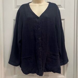 Eileen Fisher Organic Linen Cotton V-Neck Jacket - Navy Blue - Med/Large EUC